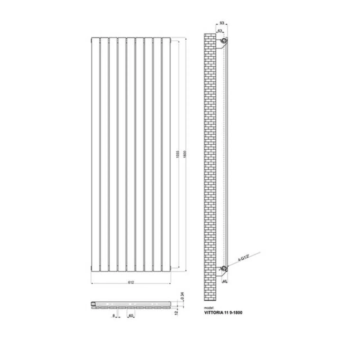 Трубчастый радиатор Ideale Vittoria 1 колонна 9 секций 1800x612 антрацит - Фото 1