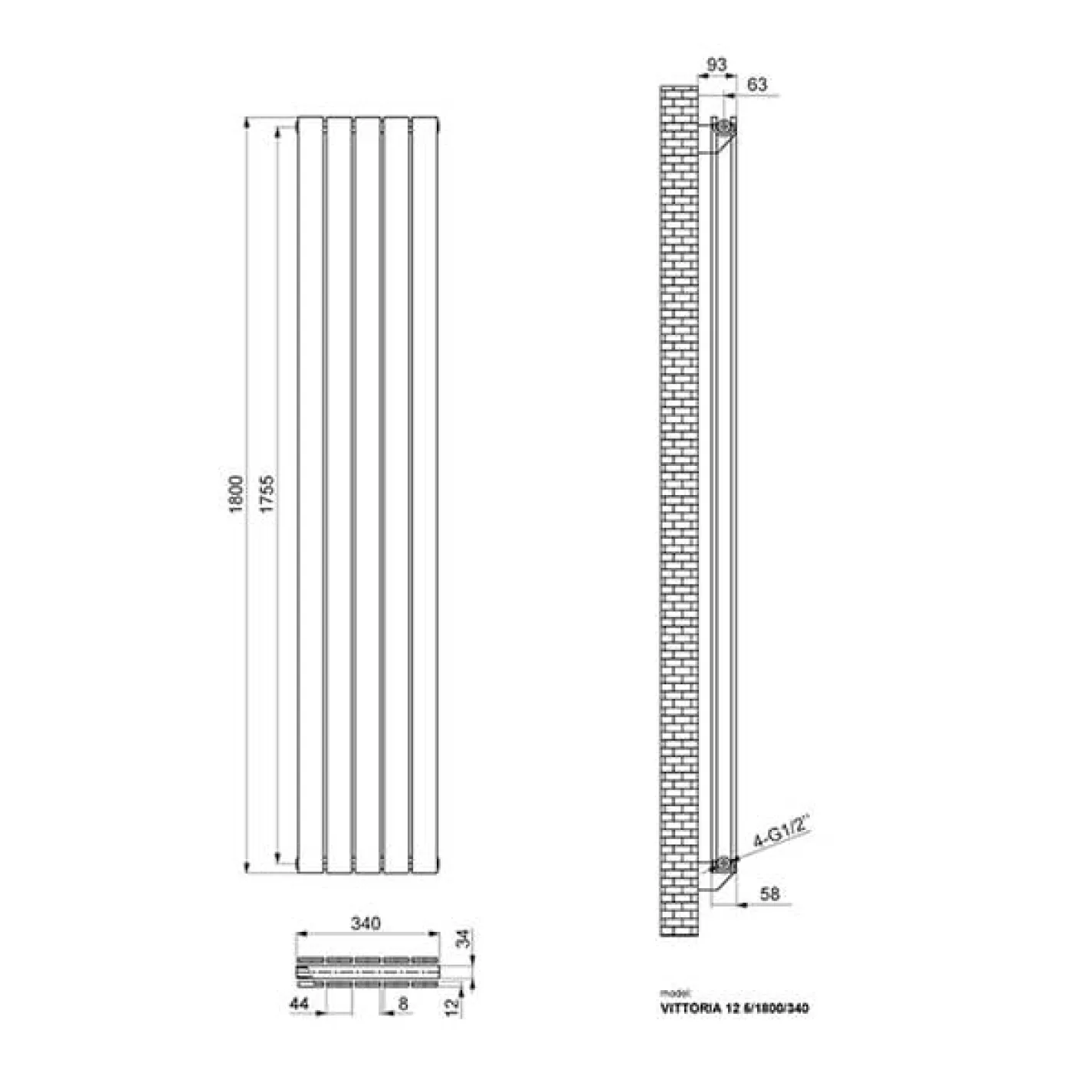 Трубчастый радиатор Ideale Vittoria 2 колонны 5 секций 1800x340 белый - Фото 1