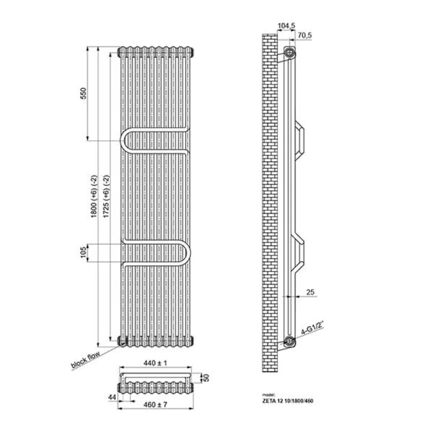 Трубчастый радиатор Ideale Zeta 2 колонны 10 секций 1800x460 белый матовый - Фото 1