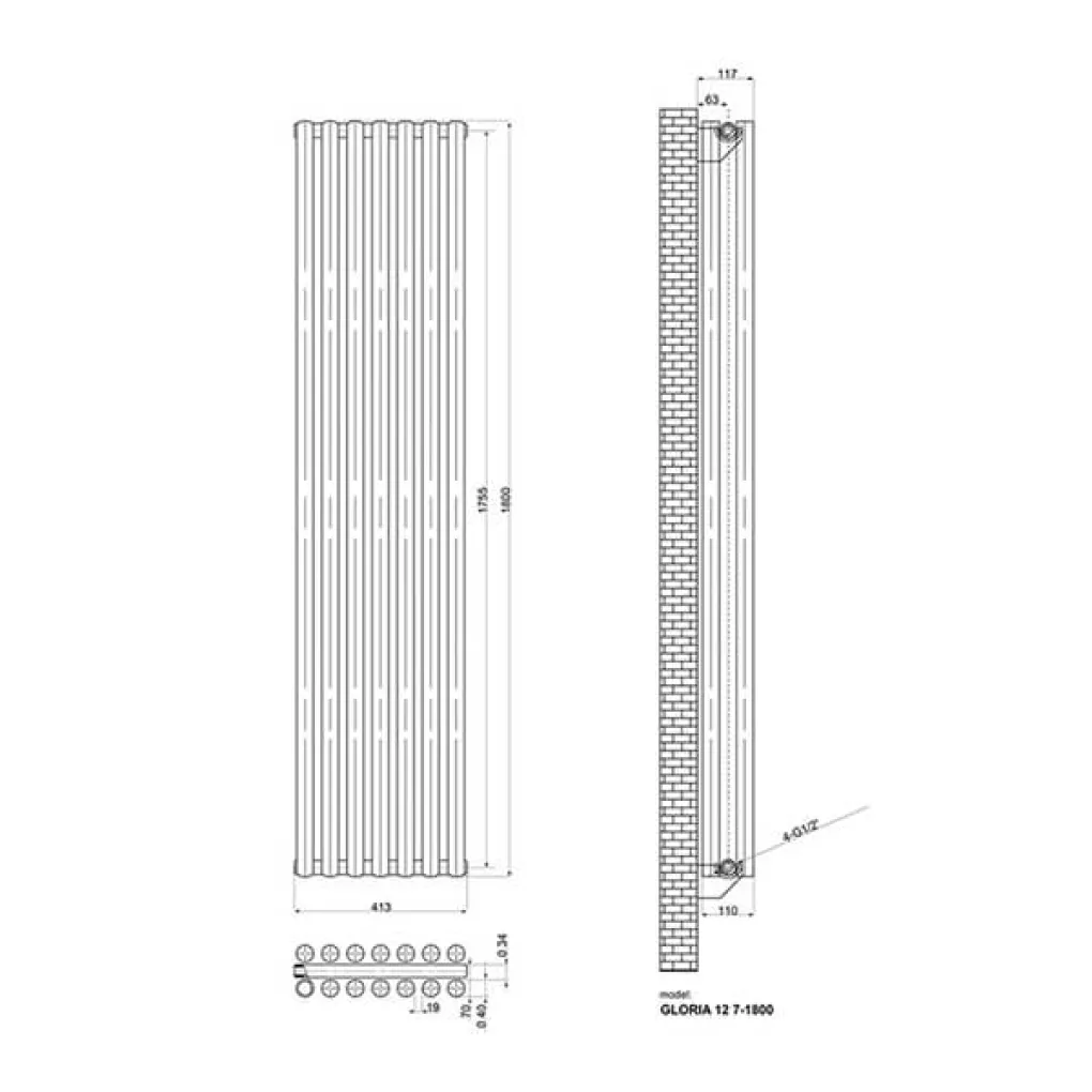 Радиатор дизайнерский IDEALE GLORIA 2 колонны 7 секций 1800x413 черный матовый- Фото 3