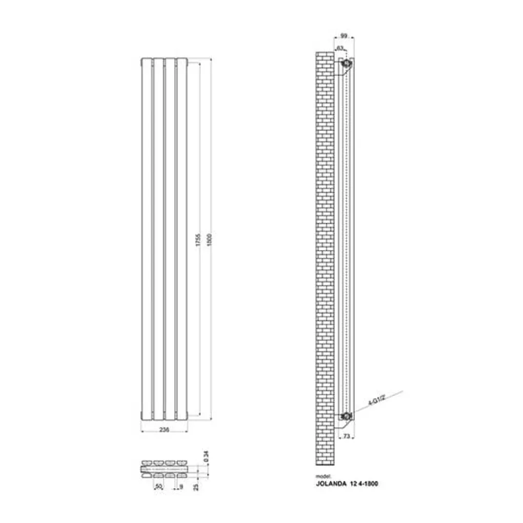 Радиатор дизайнерский IDEALE JOLANDA 2 колонны 4 секції 1800x236 белый матовый- Фото 3