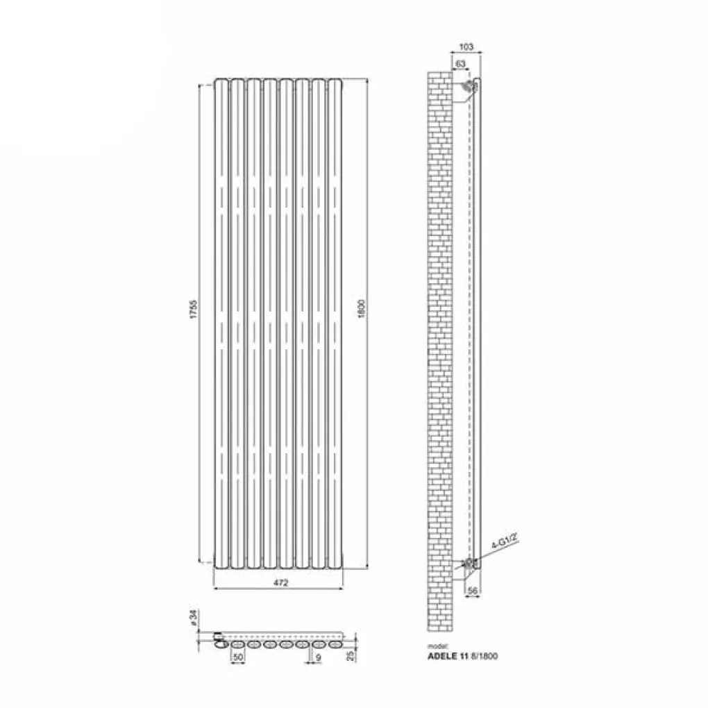 Трубчастый радиатор Ideale Adele 1 колонна 8 секций 1800x472 антрацит- Фото 4