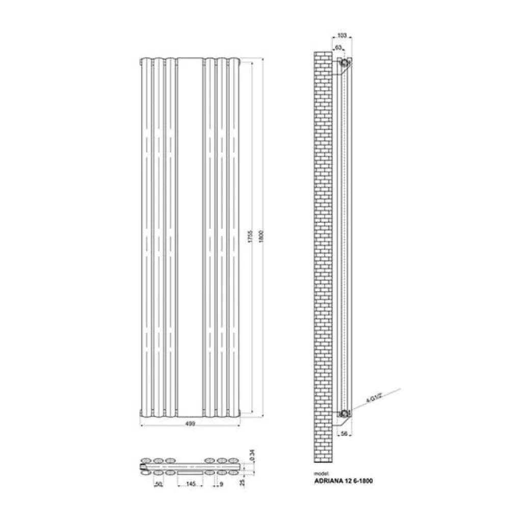 Трубчастый радиатор Ideale Adriana 1 колонна 6 секций антрацит 1800x499 (с зеркалом)- Фото 2