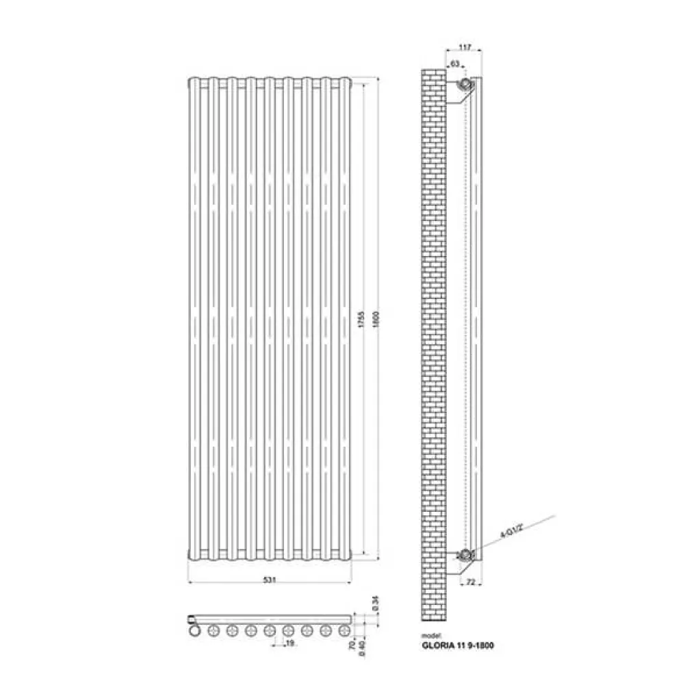 Трубчастый радиатор Ideale Gloria 1 колонна 9 секций 1800x531 белый- Фото 3