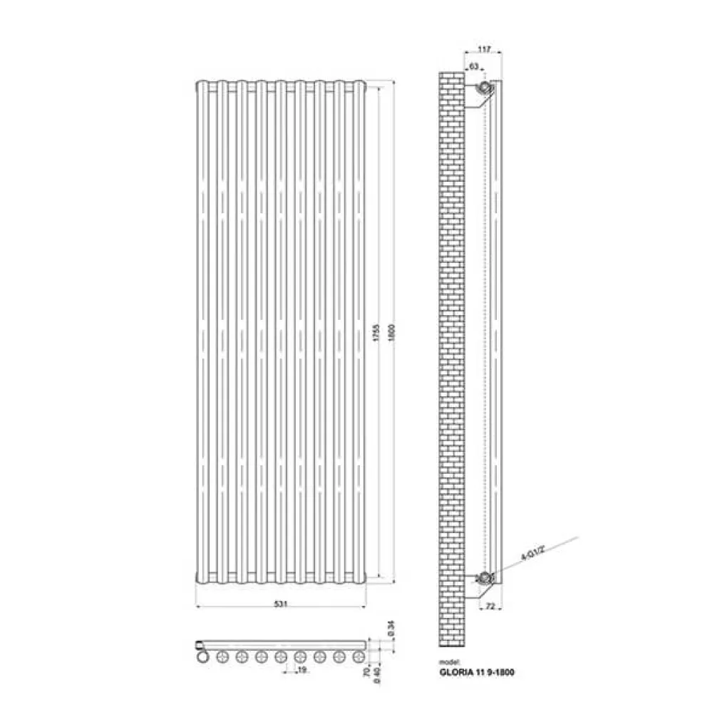 Трубчастый радиатор Ideale Gloria 1 колонна 9 секций 1800x531 черный матовый- Фото 3