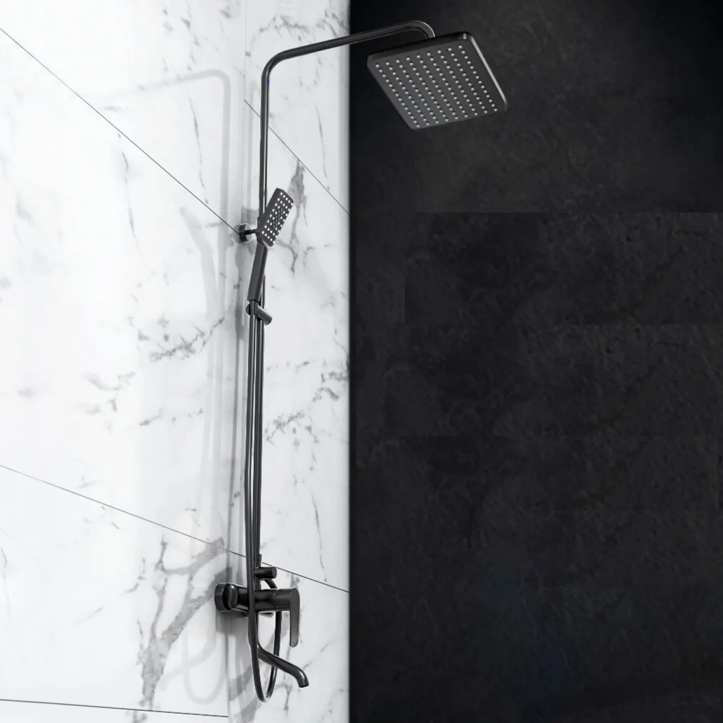 Душевая система IMPRESE MODUS (смеситель для ванной, верхний душ 290*190мм, ручной душ 110*80мм, штанга, шланг), черный матовый (f03008210SB) - Фото 4