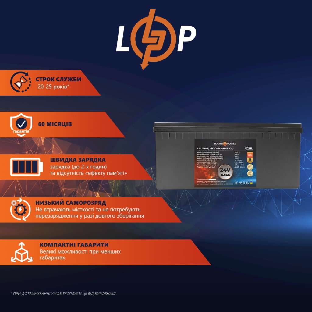 Акумулятор для ДБЖ LogicPower LP LiFePO4 24V - 140 Ah (3584Wh) (BMS 80A)- Фото 4