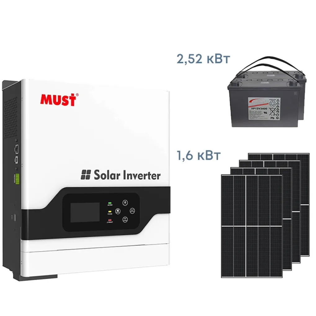 Комплект резервного живлення Інвертор Must 3000W 60А, сонячні панелі 1.6кВт, АКБ 2.52кВт- Фото 1