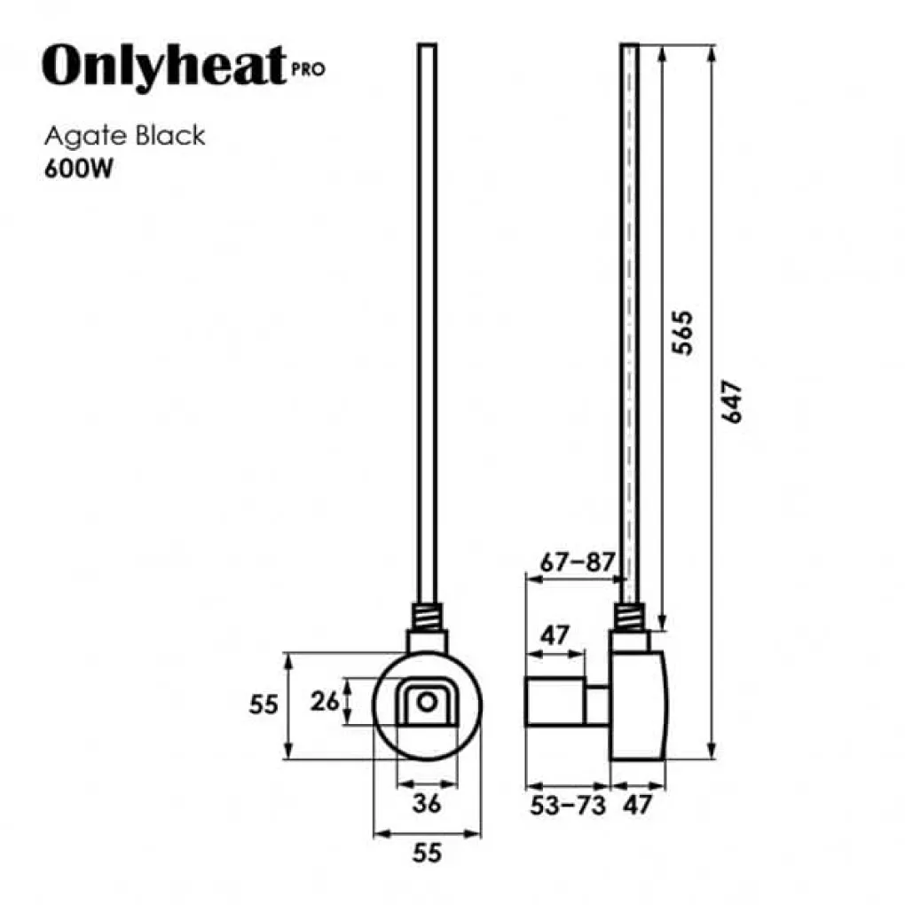 Тен для рушникосушки Onlyheat Agate Black Pro 0,6 кВт 1/2 з трійником прихований монтаж- Фото 4