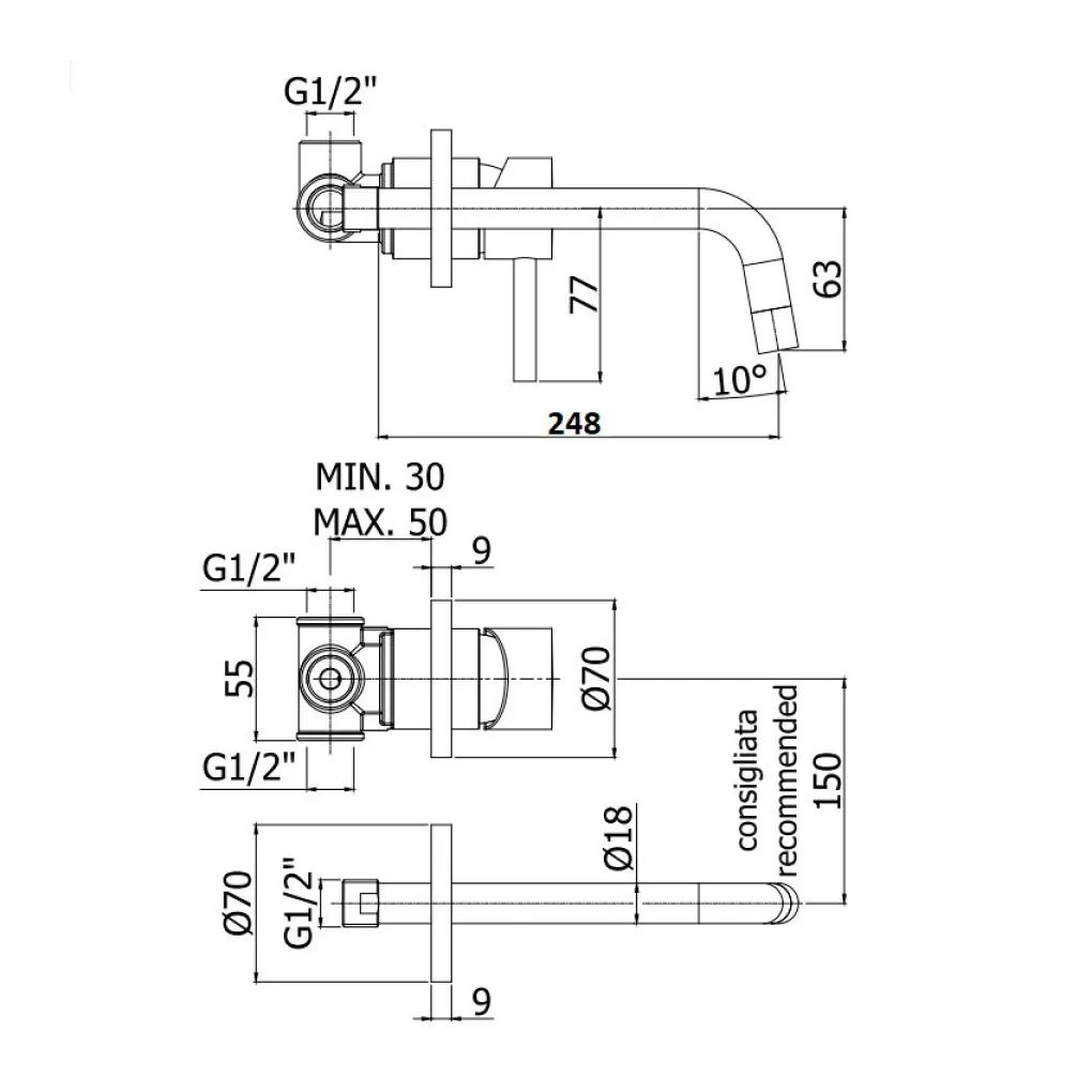 Смеситель для умывальника Paffoni Light настенный, излив 248 мм Mercury Grey серый (LIG007MG70)- Фото 2