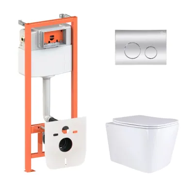 Инсталяция для унитаза 4 в 1 Qtap Nest + подвесной унитаз с сиденьем Qtap Tern с круглой клавишей смыва (хром)