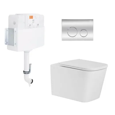 Напольный унитаз Qtap Tern Ultra Quiet + бачок скрытого монтажа с сиденьем и круглой клавишей смыва (хром)
