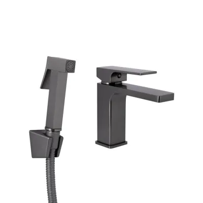 Змішувач для раковини Qtap Gemini з гігієнічним душем Gunmetal Black (QTGEM272GMB45692)