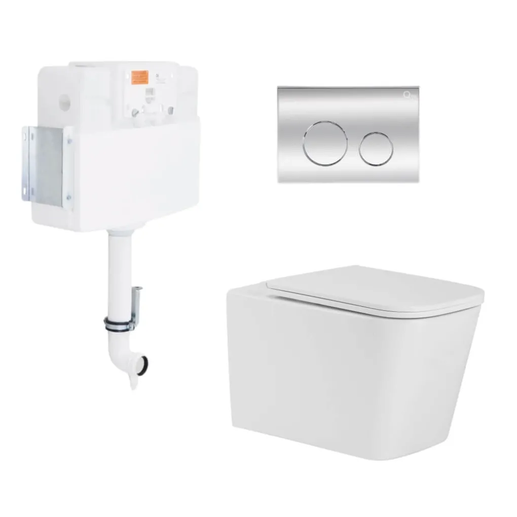 Підлоговий унітаз Qtap Tern Ultra Quiet + бачок прихованого монтажу з сидінням та круглою клавішою змиву (хром)- Фото 1