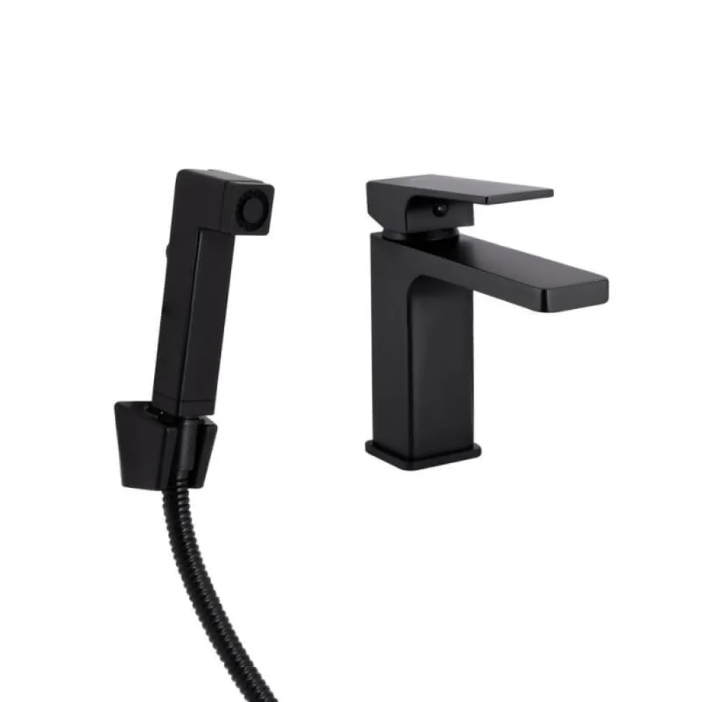 Змішувач для раковини Qtap Gemini з гігієнічним душем Black Matt (QTGEM272BLM45690)- Фото 1