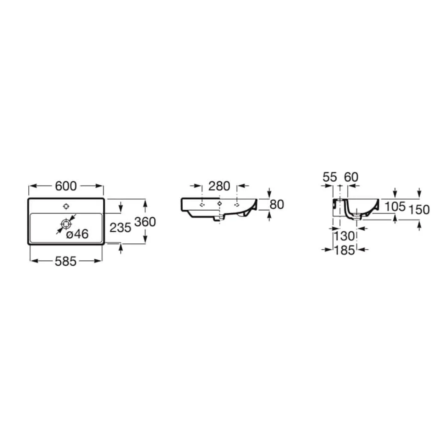 Умывальник ROCA ONA CPT 60x36x15 см прямоугольный с отверстием под смеситель (A327684000) - Фото 2