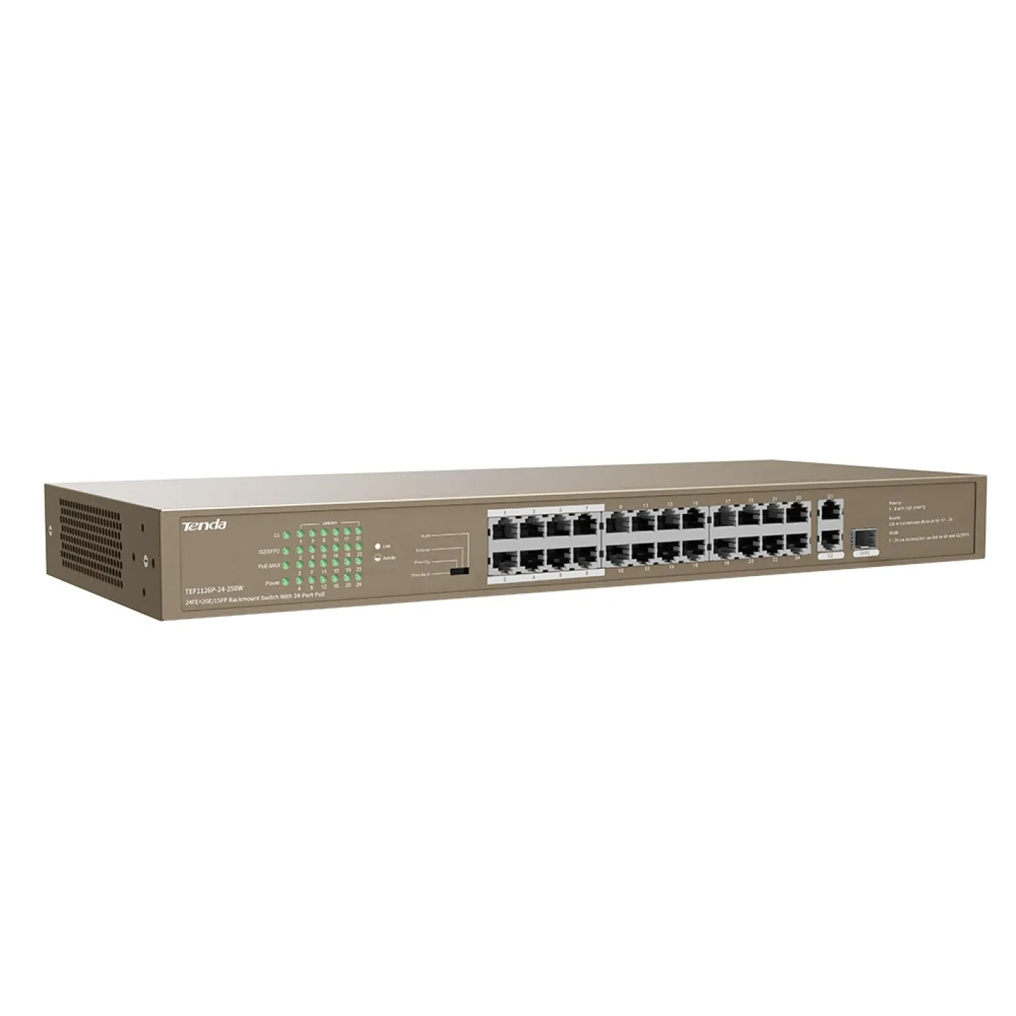 Коммутатор Tenda TEF1126P-24-250W 24xFE PoE, 2xGE, 1xSFP/GE - Фото 2