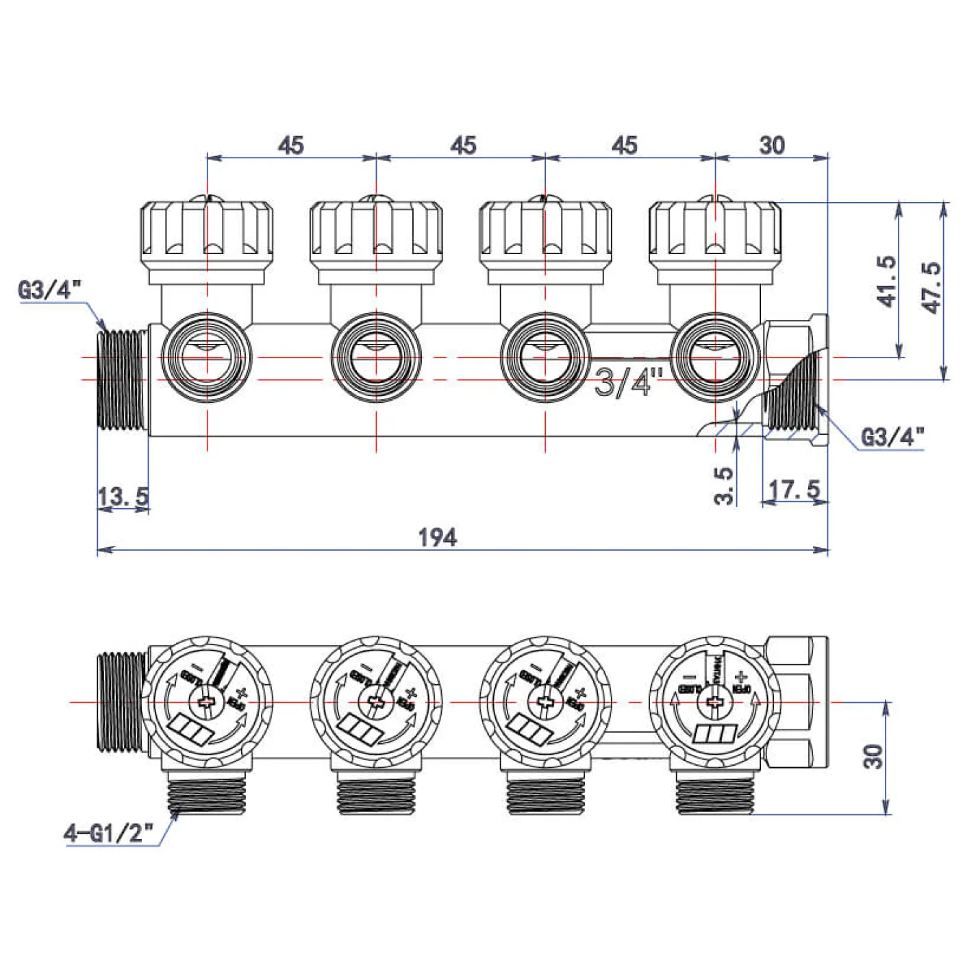 Розподільча гребінка з регулюючими вентилями Tervix Pro Line WD 4 контури 3/4x1/2 - Фото 1