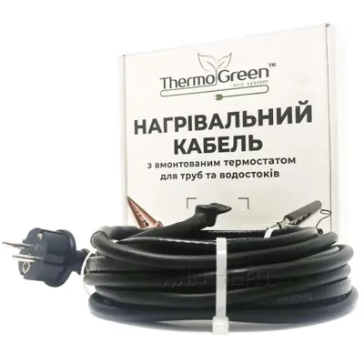 Двухжильный кабель ThermoGreen TGRD-10 м 30 Вт с термостатом и вилкой для обогрева труб