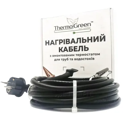 Двухжильный кабель ThermoGreen TGRD-14 м 30 Вт с термостатом и вилкой для обогрева труб