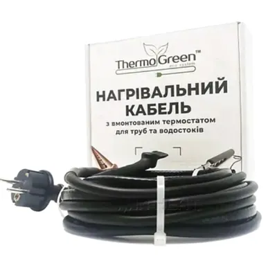 Двухжильный кабель ThermoGreen TGSD-32 м 12 Вт с термостатом и вилкой для обогрева труб