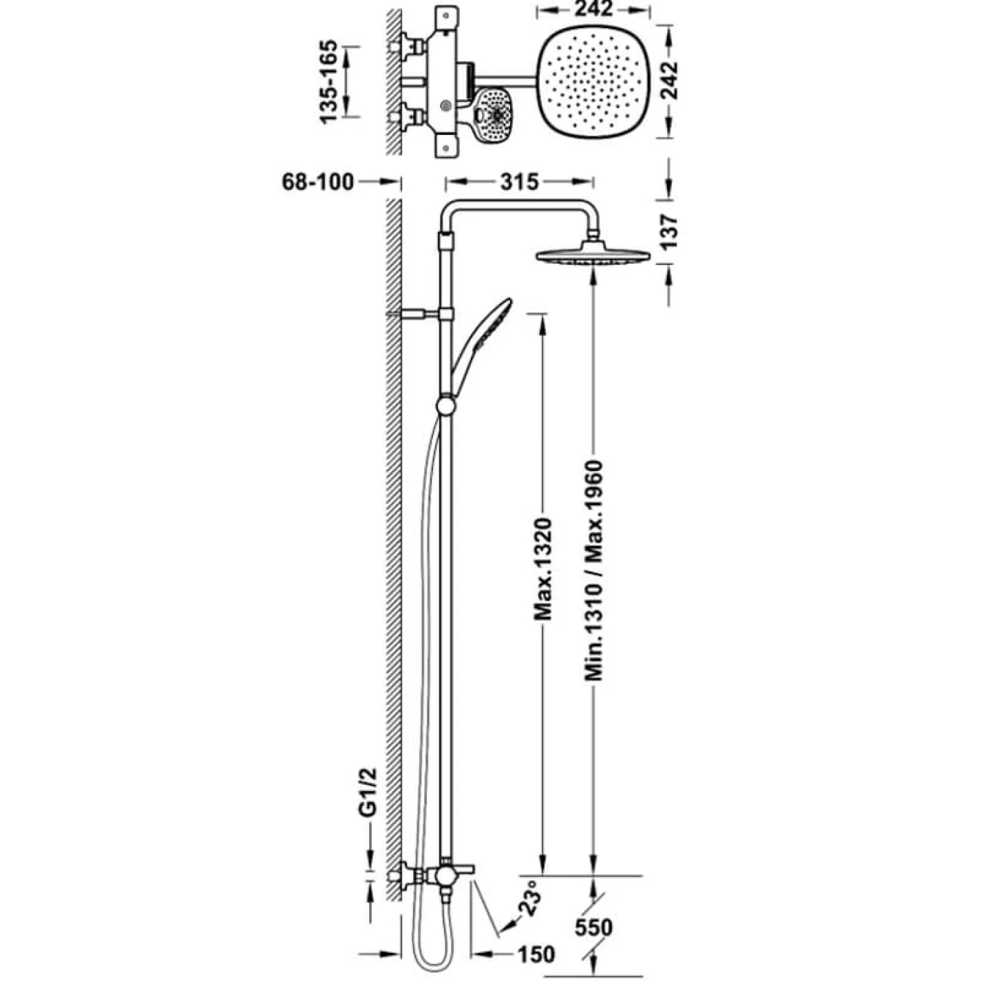 Душова система Tres CANIGO, термостат, ручний душ 242х242 мм, каскад, хром (21831202) - Фото 1