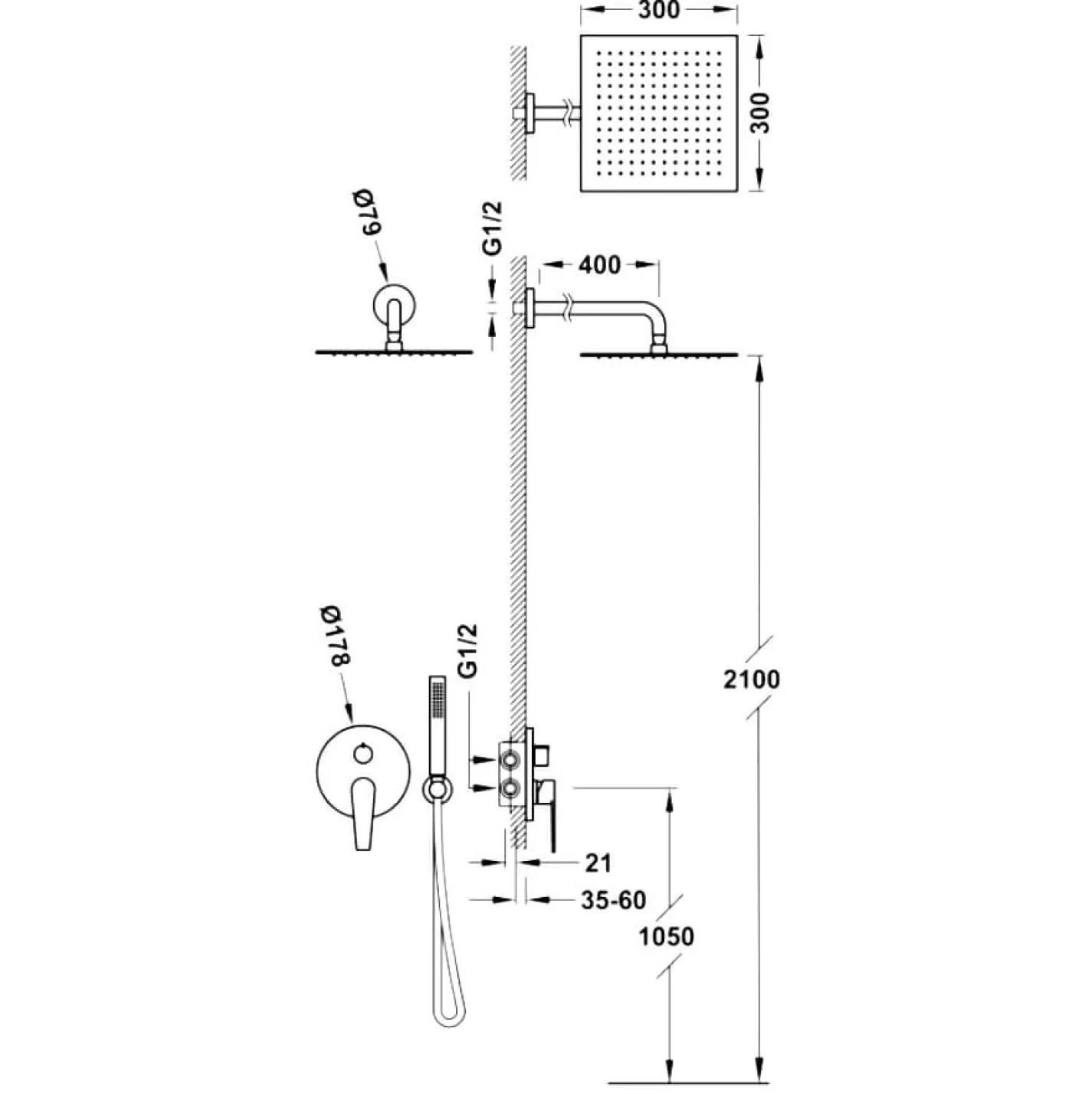 Душова система Tres Class-Tres з ручним душем, верхній душ 30х30 см, хром (20528040) - Фото 1