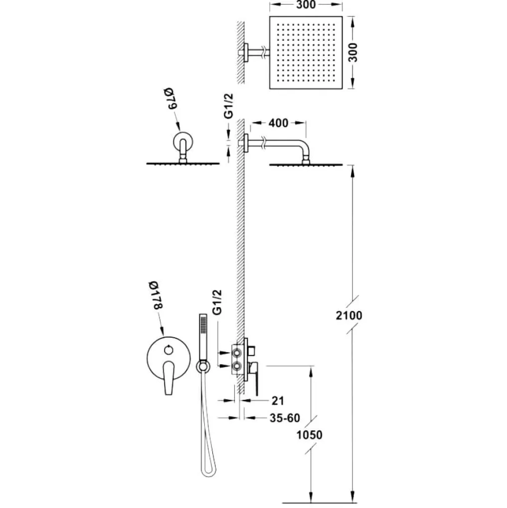 Душова система Tres Class-Tres з ручним душем, верхній душ 30х30 см, хром (20528040)- Фото 2
