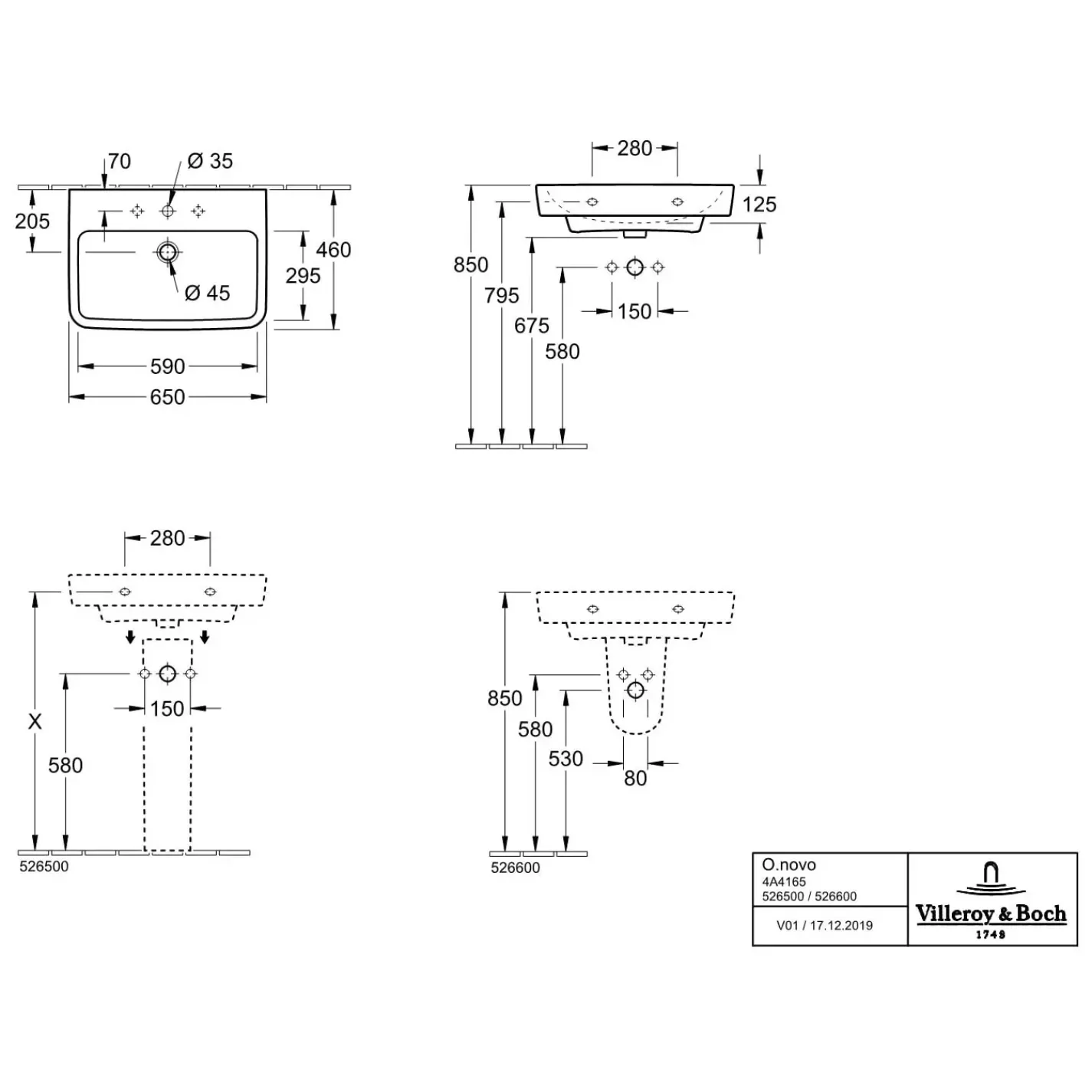 Раковина подвесная Villeroy&Boch O.Novo 650x460 белый (4A416501) - Фото 1