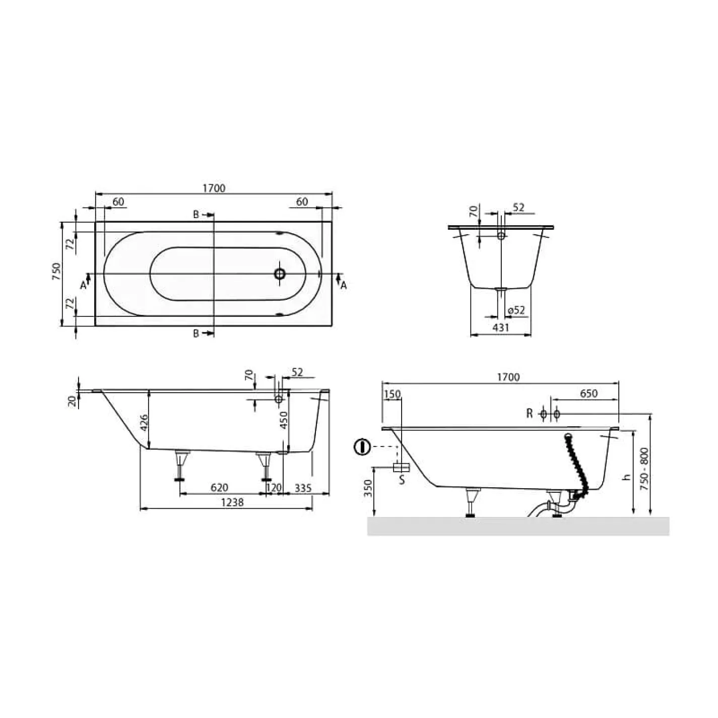 Ванна кварилова Villeroy&Boch Oberon 170x75 (UBQ170OBE2V-01) - Фото 3