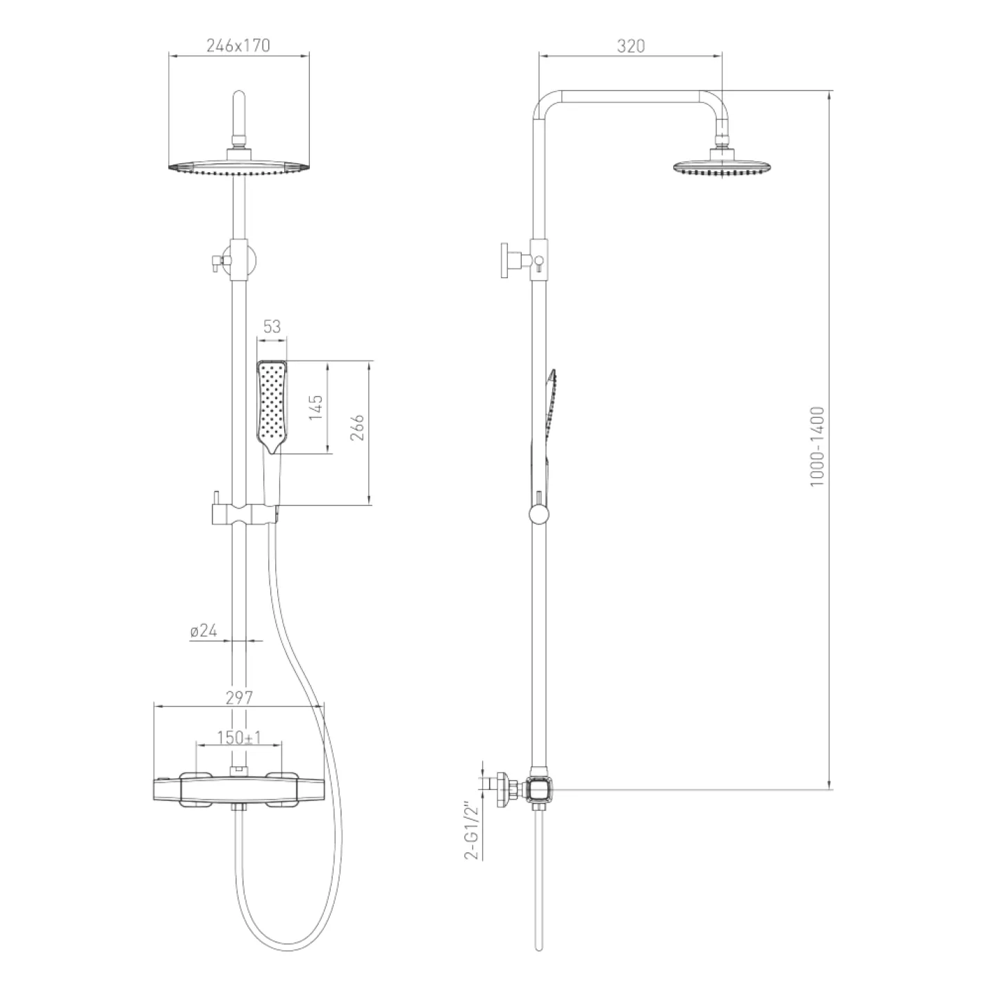 Душевая система с термостатом для душа Volle SISTEMA P, ручной душ 1 режим, белые лейки, хром - Фото 1
