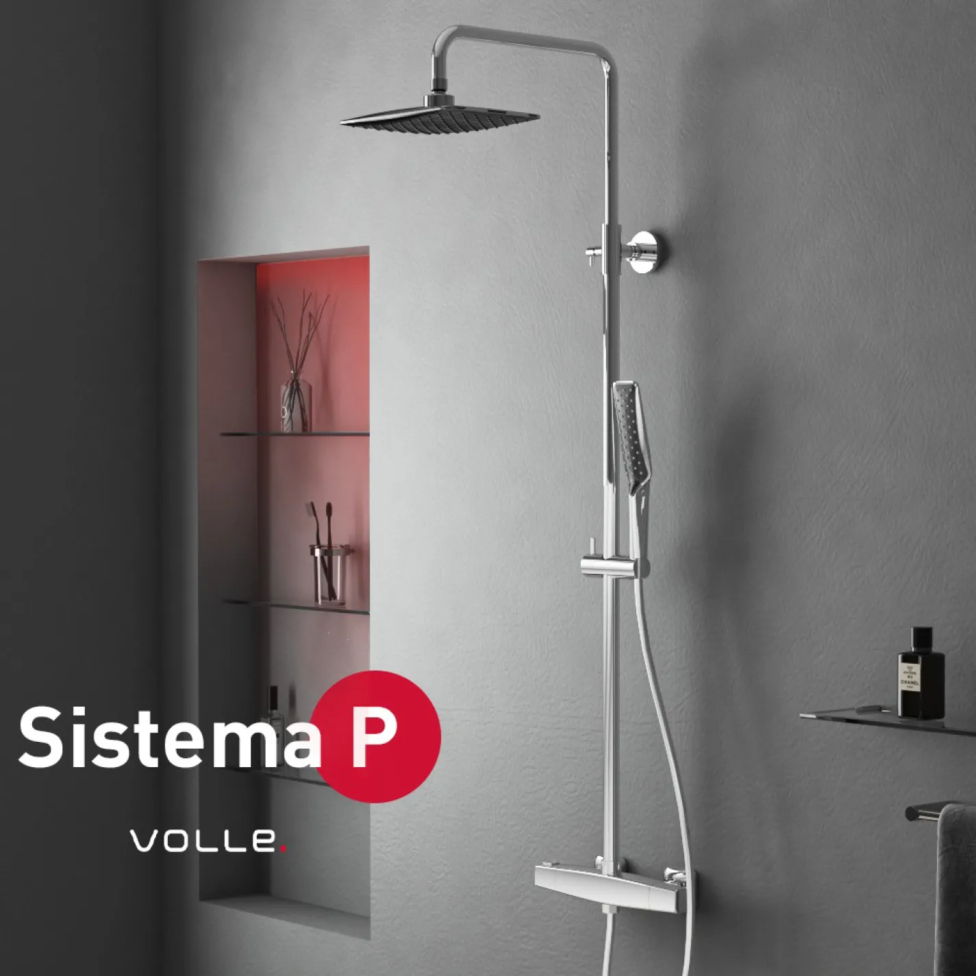 Душевая система с термостатом для душа Volle SISTEMA P, ручной душ 1 режим, темно-серые лейки, хром - Фото 3