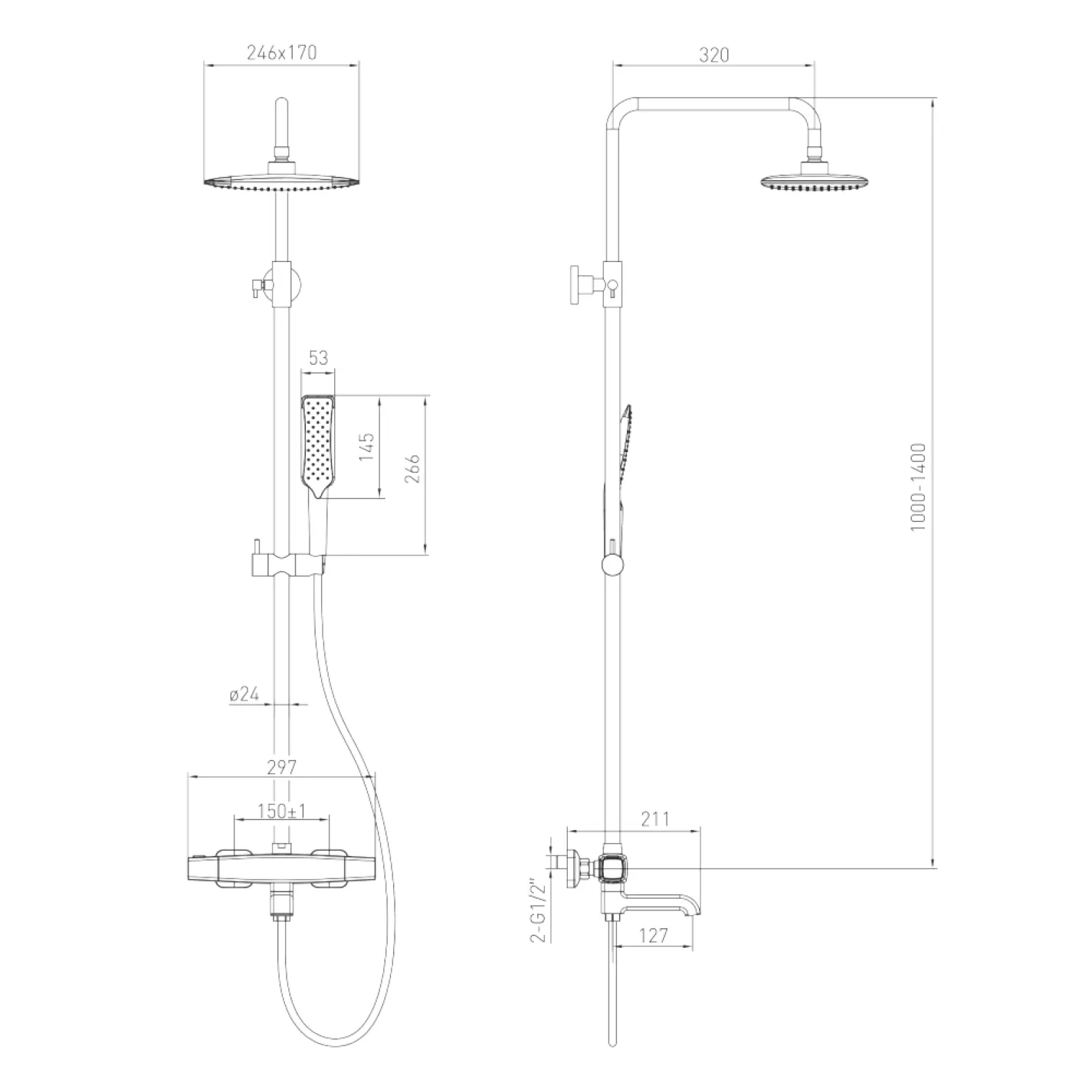 Душевая система с термостатом для ванны Volle SISTEMA P, ручной душ 1 режим, белые лейки, хром - Фото 1